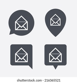 Mail icon. Envelope symbol. Message sign. Mail navigation button. Map pointers information buttons. Speech bubbles with icons. Vector