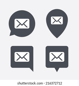 Mail icon. Envelope symbol. Message sign. Mail navigation button. Map pointers information buttons. Speech bubbles with icons. Vector