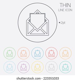 Mail icon. Envelope symbol. Message sign. Mail navigation button. Thin line circle web icons with outline. Vector