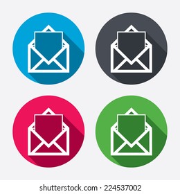 Mail icon. Envelope symbol. Message sign. Mail navigation button. Circle buttons with long shadow. 4 icons set. Vector