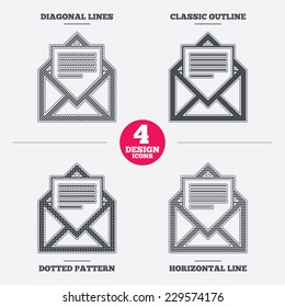 Mail icon. Envelope symbol. Message sign. Mail navigation button. Diagonal and horizontal lines, classic outline, dotted texture. Pattern design icons.  Vector