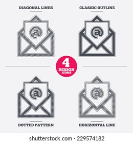 Mail icon. Envelope symbol. Message at sign. Mail navigation button. Diagonal and horizontal lines, classic outline, dotted texture. Pattern design icons.  Vector