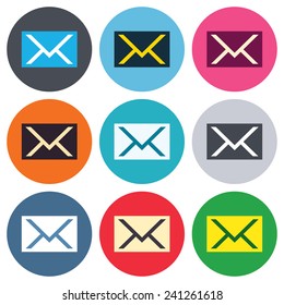 Mail icon. Envelope symbol. Message sign. Mail navigation button. Colored round buttons. Flat design circle icons set. Vector