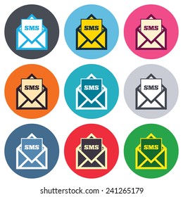 Mail icon. Envelope symbol. Message sms sign. Mail navigation button. Colored round buttons. Flat design circle icons set. Vector