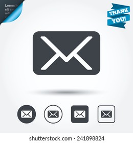 Mail icon. Envelope symbol. Message sign. Mail navigation button. Circle and square buttons. Flat design set. Thank you ribbon. Vector