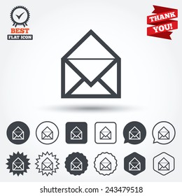 Mail icon. Envelope symbol. Message sign. Mail navigation button. Circle, star, speech bubble and square buttons. Award medal with check mark. Thank you ribbon. Vector