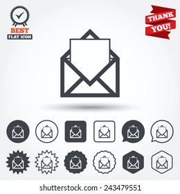 Mail icon. Envelope symbol. Message sign. Mail navigation button. Circle, star, speech bubble and square buttons. Award medal with check mark. Thank you ribbon. Vector