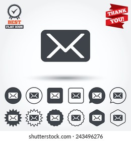 Mail icon. Envelope symbol. Message sign. Mail navigation button. Circle, star, speech bubble and square buttons. Award medal with check mark. Thank you ribbon. Vector