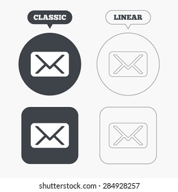 Mail icon. Envelope symbol. Message sign. Mail navigation button. Classic and line web buttons. Circles and squares. Vector
