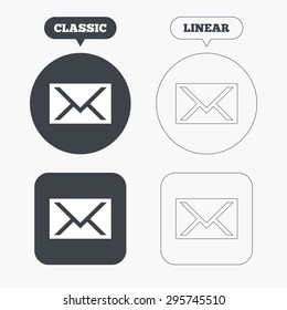 Mail icon. Envelope symbol. Message sign. Mail navigation button. Classic and line web buttons. Circles and squares. Vector