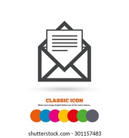 Mail icon. Envelope symbol. Message sign. Mail navigation button. Classic flat icon. Colored circles. Vector