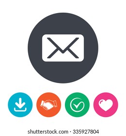 Mail icon. Envelope symbol. Message sign. Mail navigation button. Download arrow, handshake, tick and heart. Flat circle buttons.