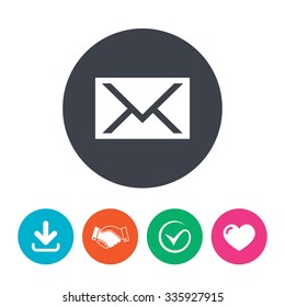 Mail icon. Envelope symbol. Message sign. Mail navigation button. Download arrow, handshake, tick and heart. Flat circle buttons.
