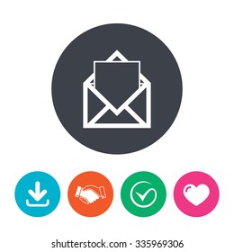 Mail icon. Envelope symbol. Message sign. Mail navigation button. Download arrow, handshake, tick and heart. Flat circle buttons.