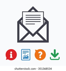 Mail icon. Envelope symbol. Message sign. Mail navigation button. Information think bubble, question mark, download and report.