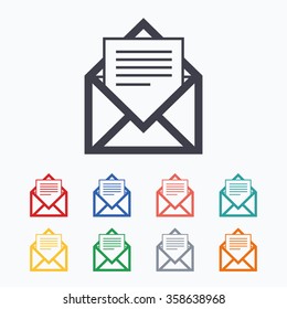 Mail icon. Envelope symbol. Message sign. Mail navigation button. Colored flat icons on white background.