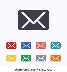 Mail icon. Envelope symbol. Message sign. Mail navigation button. Colored flat icons on white background.