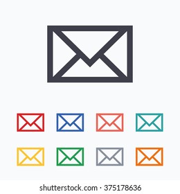 Mail icon. Envelope symbol. Message sign. Mail navigation button. Colored flat icons on white background.