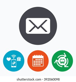 Mail icon. Envelope symbol. Message sign. Mail navigation button. Mobile payments, calendar and wifi icons. Bus shuttle.