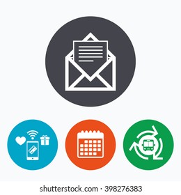 Mail icon. Envelope symbol. Message sign. Mail navigation button. Mobile payments, calendar and wifi icons. Bus shuttle.