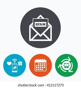 Mail icon. Envelope symbol. Message spam sign. Mail navigation button. Mobile payments, calendar and wifi icons. Bus shuttle.