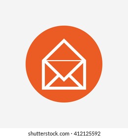 Mail icon. Envelope symbol. Message sign. Mail navigation button. Orange circle button with icon. Vector