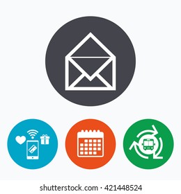 Mail icon. Envelope symbol. Message sign. Mail navigation button. Mobile payments, calendar and wifi icons. Bus shuttle.