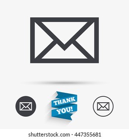 Mail icon. Envelope symbol. Message sign. Mail navigation button. Flat icons. Buttons with icons. Thank you ribbon. Vector