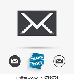 Mail icon. Envelope symbol. Message sign. Mail navigation button. Flat icons. Buttons with icons. Thank you ribbon. Vector