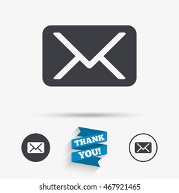 Mail icon. Envelope symbol. Message sign. Mail navigation button. Flat icons. Buttons with icons. Thank you ribbon. Vector