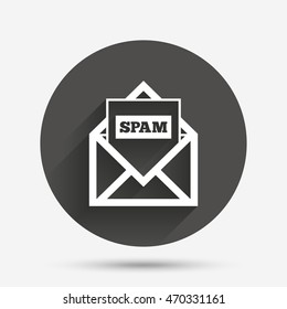 Mail icon. Envelope symbol. Message spam sign. Mail navigation button. Circle flat button with shadow. Vector