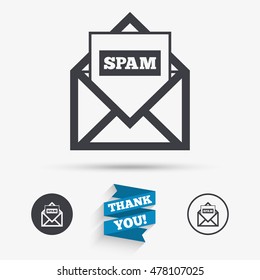 Mail icon. Envelope symbol. Message spam sign. Mail navigation button. Flat icons. Buttons with icons. Thank you ribbon. Vector