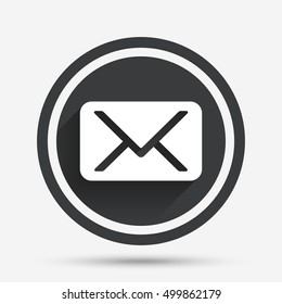 Mail icon. Envelope symbol. Message sign. Mail navigation button. Circle flat button with shadow and border. Vector