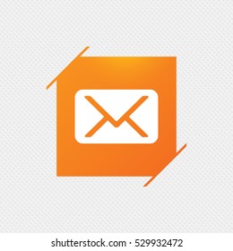 Mail icon. Envelope symbol. Message sign. Mail navigation button. Orange square label on pattern. Vector