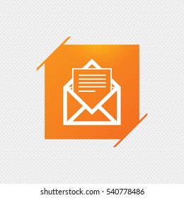 Mail icon. Envelope symbol. Message sign. Mail navigation button. Orange square label on pattern. Vector