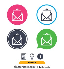 Mail icon. Envelope symbol. Message sign. Mail navigation button. Report document, information sign and light bulb icons. Vector