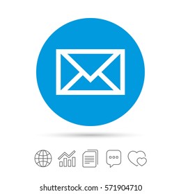 Mail icon. Envelope symbol. Message sign. Mail navigation button. Copy files, chat speech bubble and chart web icons. Vector