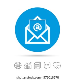 Mail icon. Envelope symbol. Message at sign. Mail navigation button. Copy files, chat speech bubble and chart web icons. Vector