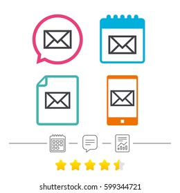 Mail icon. Envelope symbol. Message sign. Mail navigation button. Calendar, chat speech bubble and report linear icons. Star vote ranking. Vector