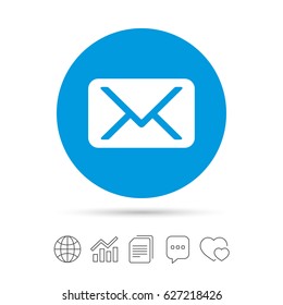 Mail icon. Envelope symbol. Message sign. Mail navigation button. Copy files, chat speech bubble and chart web icons. Vector