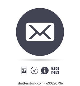 Mail icon. Envelope symbol. Message sign. Mail navigation button. Report document, information and check tick icons. Currency exchange. Vector