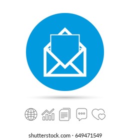 Mail icon. Envelope symbol. Message sign. Mail navigation button. Copy files, chat speech bubble and chart web icons. Vector