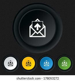 Mail icon. Envelope symbol. Outgoing message sign. Mail navigation button. Round colourful buttons on black texture. Vector