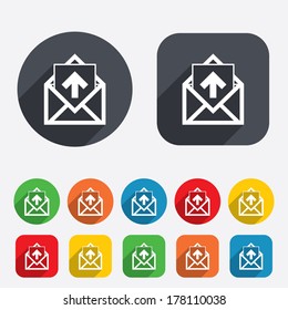 Mail icon. Envelope symbol. Outgoing message sign. Mail navigation button. Circles and rounded squares 12 buttons. Vector