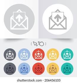 Mail icon. Envelope symbol. Outgoing message sign. Mail navigation button. Round 12 circle buttons. Shadow. Hand cursor pointer. Vector