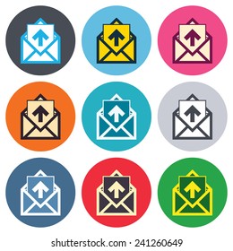 Mail icon. Envelope symbol. Outgoing message sign. Mail navigation button. Colored round buttons. Flat design circle icons set. Vector