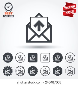 Mail icon. Envelope symbol. Outgoing message sign. Mail navigation button. Circle, star, speech bubble and square buttons. Award medal with check mark. Thank you ribbon. Vector