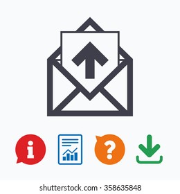 Mail icon. Envelope symbol. Outgoing message sign. Mail navigation button. Information think bubble, question mark, download and report.
