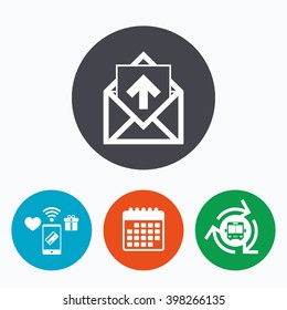 Mail icon. Envelope symbol. Outgoing message sign. Mail navigation button. Mobile payments, calendar and wifi icons. Bus shuttle.