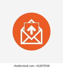 Mail icon. Envelope symbol. Outgoing message sign. Mail navigation button. Orange circle button with icon. Vector